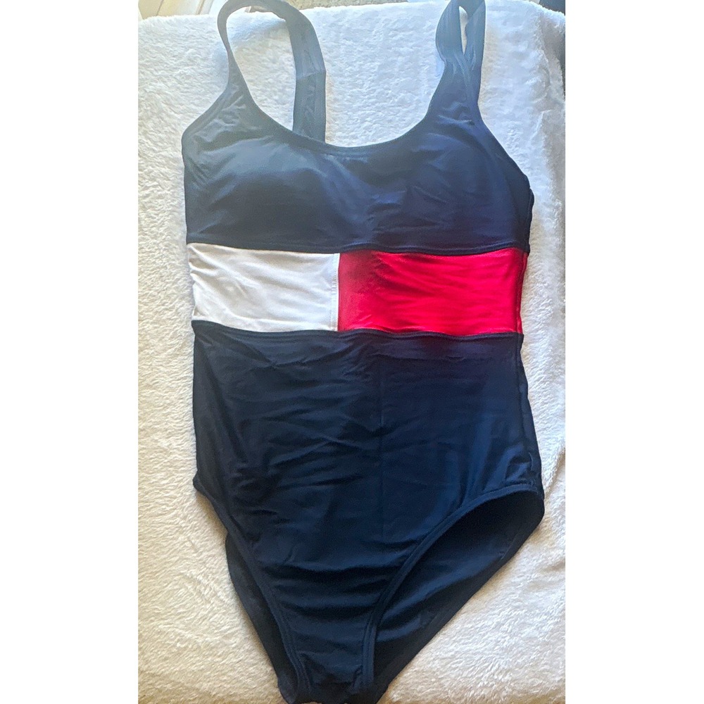 Tommy Hilfiger One Piece Swimsuit Navy Red White Colorblock Wide Strap S RN54163